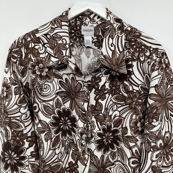 Chicos Size 3 US‎ XL 16 18 Top Shirt Shacket 100% Linen Brown Floral 3/4 Sleeve - Picture 3 of 12